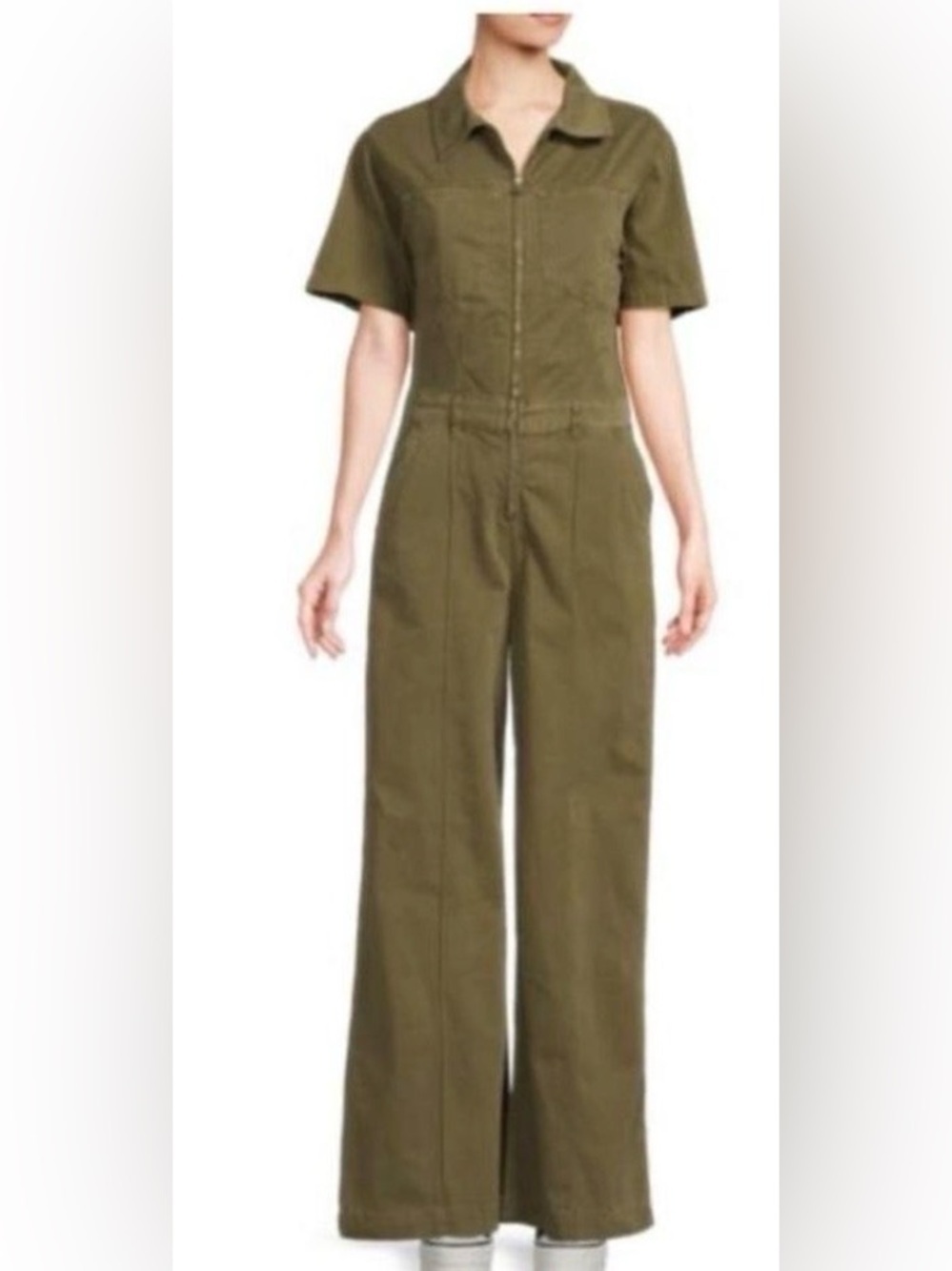 Frame Denim Olive Green Short-Sleeve Zip Front Jumpsuit Size Small Casual